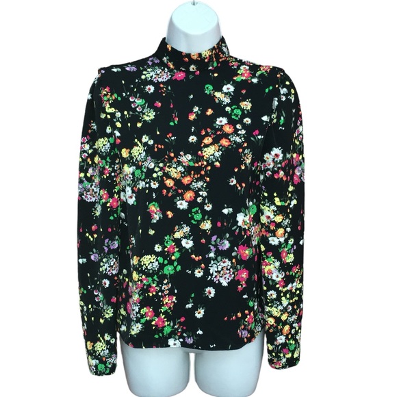 H&M Tops - H&M Floral Defined Shoulder Black Mock Neck Long Sleeve Keyhole Top - Women’s XS